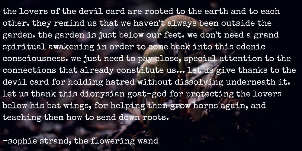 "the lovers of the devil card are rooted to the earth and to each other. they remind us that we haven't always been outside the garden. the garden is just below our feet. we don't need a grand spiritual awakening in order to come back into this edenic consciousness. we just need to pay close, special attention to the connections that already constitute us... let us give thanks to the devil card for holding hatred without dissolving underneath it. let us thank this dionysian goat-god for protecting the lovers below his bat wings, for helping them grow horns again, and teaching them how to send down roots." - sophie strand, the flowering wand
