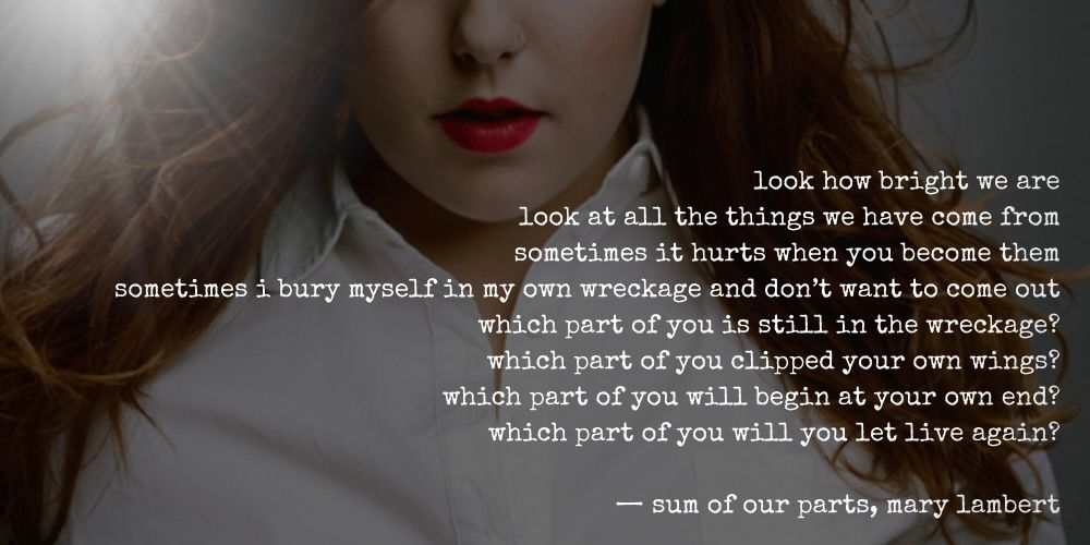 look how bright we are look at all the things we have come from sometimes it hurts when you become them sometimes i bury myself in my own wreckage and don't want to come out which part of you is still in the wreckage? which part of you clipped your own wings? which part of you will begin at your own end? which part of you will you let live again? -sum of our parts, mary lambert