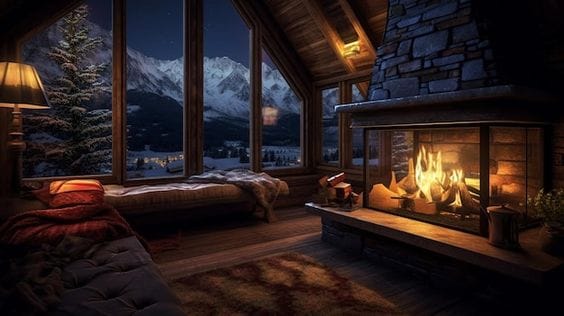 interior of a mountain home, with a fire burning merrily in the fireplace