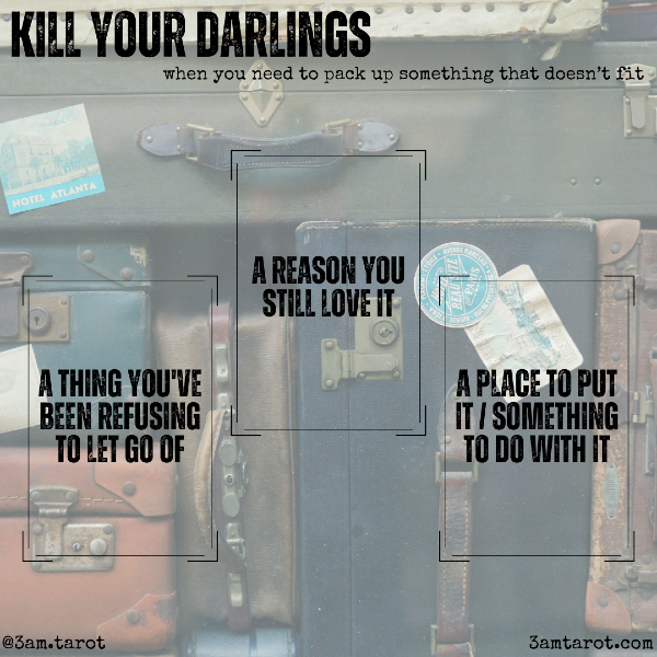 kill your darlings: when you need to pay up something that doesn't fit (inspired by the september 2024 forecast of call your coven and this excellent creative turn of phrase for creating/editing your work) card one: a thing you've been refusing to let go of card two: the reason you still love it card three: a place to put it / something to do with it