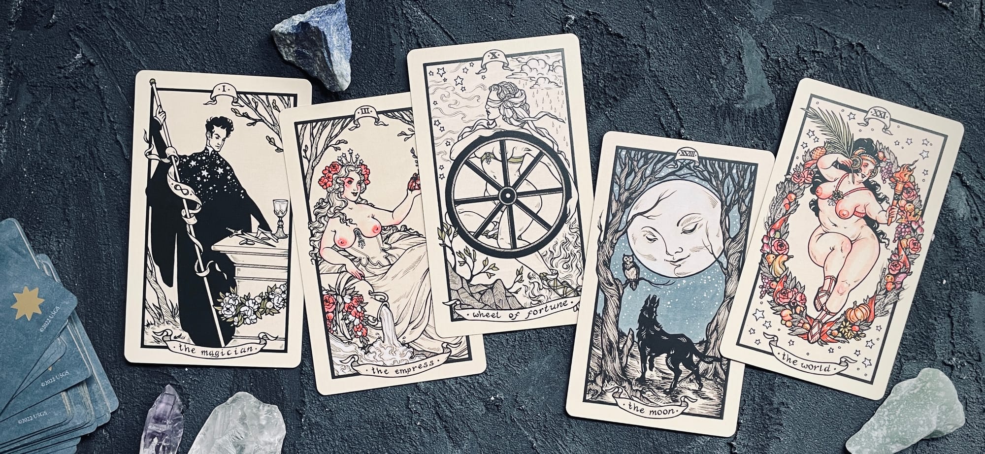 magician, empress, wheel, moon, and world from the fyodor pavlov tarot