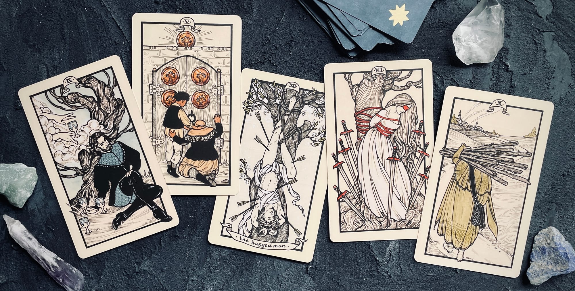 four of cups, five of pentacles, hanged one, eight of swords, and ten of wands from the fyodor pavlov tarot