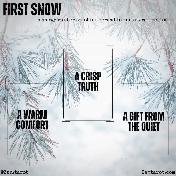 FIRST SNOW: a snowy winter solstice spread for quiet reflection. a warm comfort / a crisp truth / a gift from the quiet