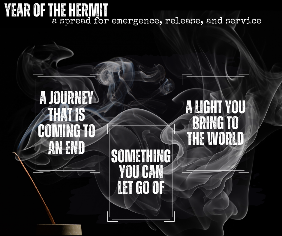 year of the hermit: a spread for emergence, release, and service. a journey that is coming to an end / something you can let go of / a light you bring to the world