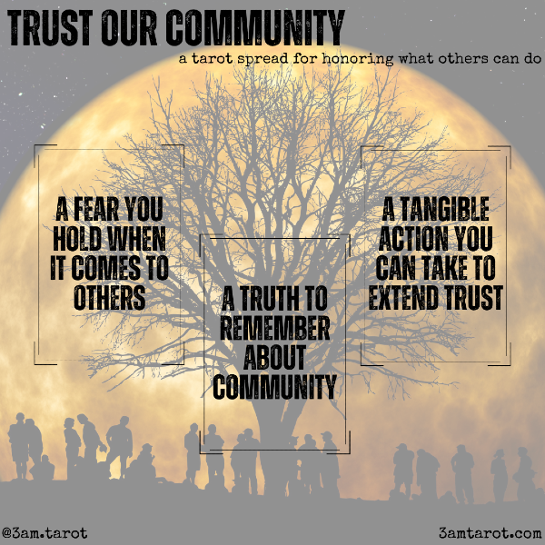 trust our community: a tarot spread for honoring what others can do. a fear you hold when it comes to others / a truth to remember about community / a tangible action you can take to extend trust