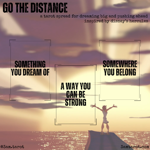 go the distance: a tarot spread for dreaming big and pushing ahead, inspired by disney's hercules. something you dream of / a way you can be strong / somewhere you belong