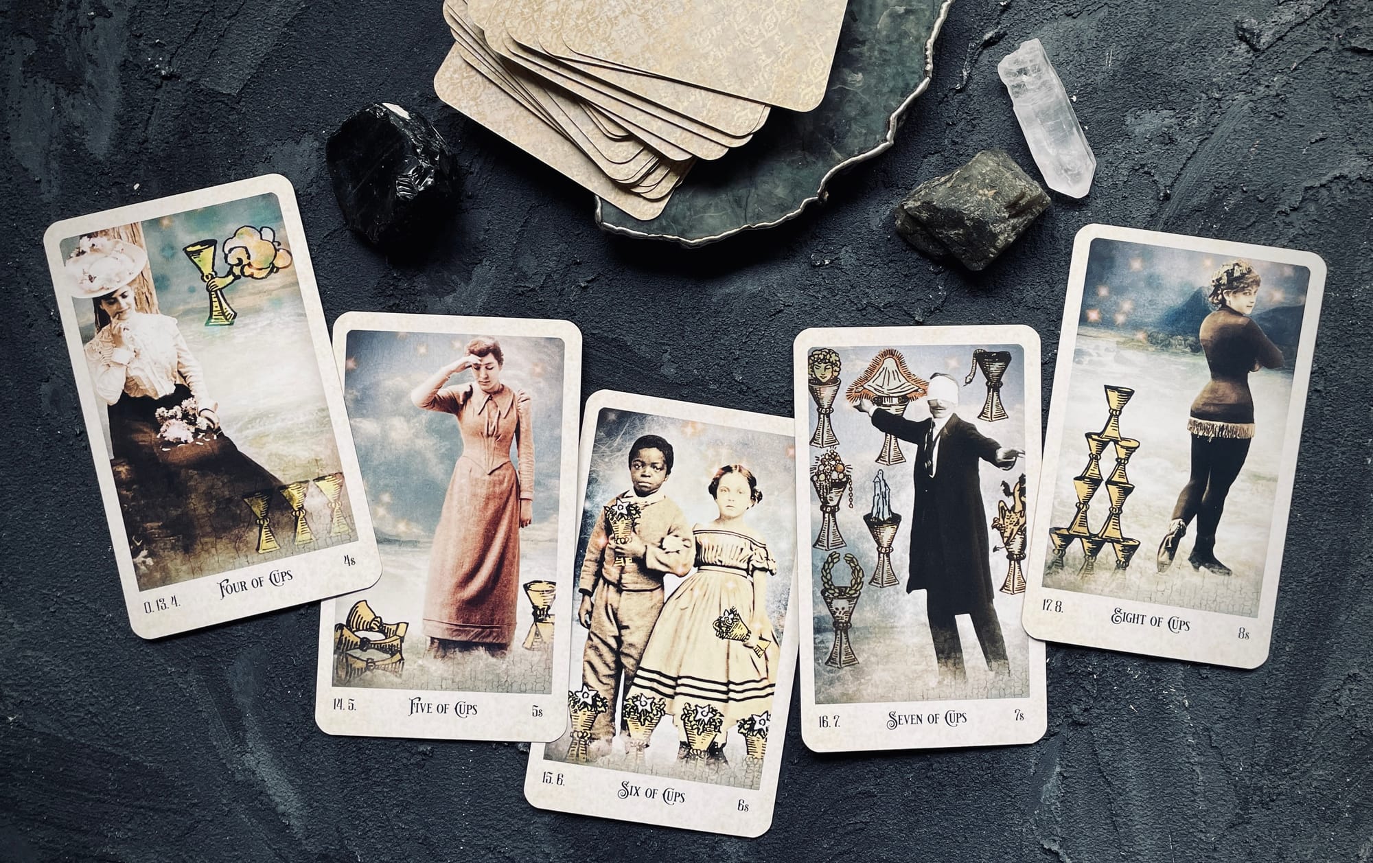 four, five, six, seven, and eight of cups from the relative tarot