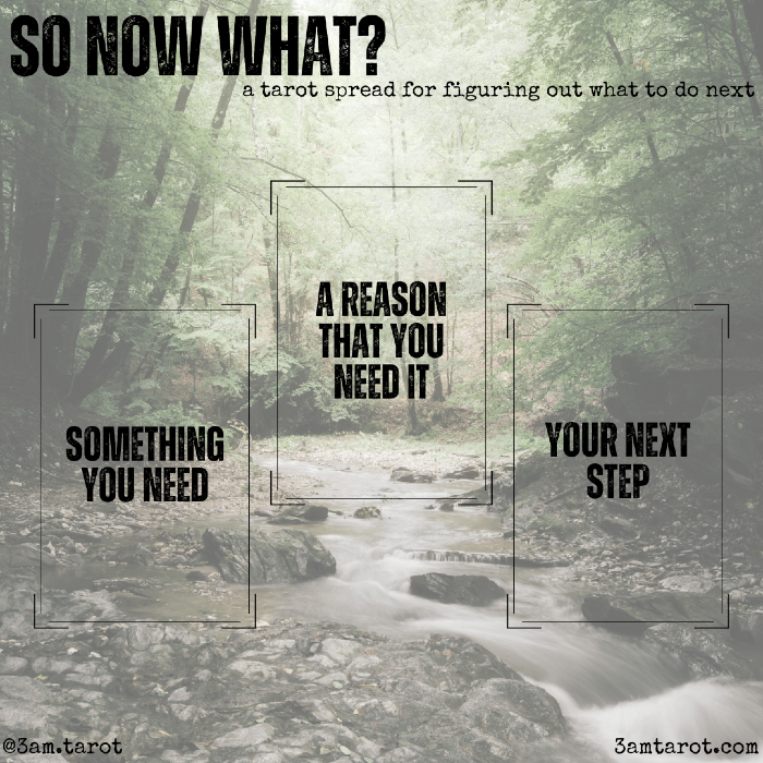 so now what? a tarot spread for figuring out what to do next. something you need / a reason that you need it / your next step