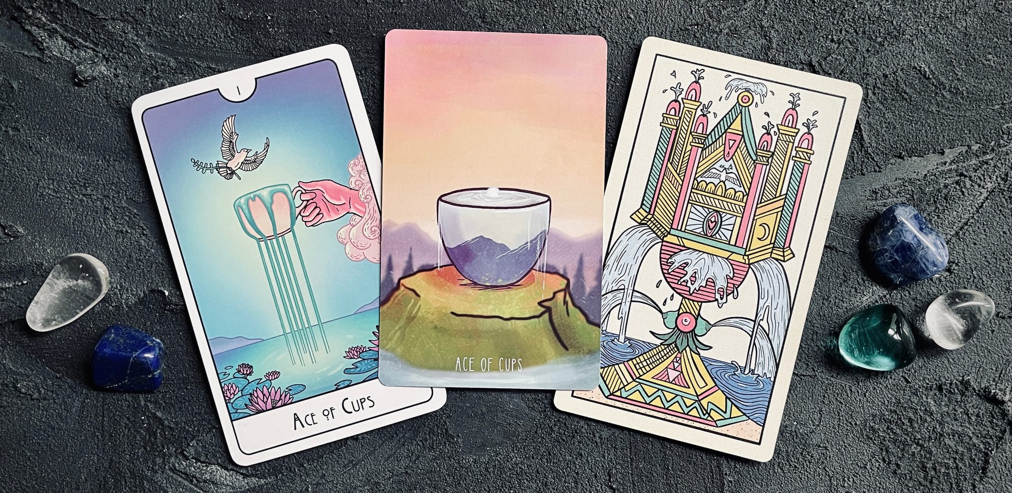ace of cups, from the this might hurt tarot (left), spacious tarot (center), and gay marseille (right)