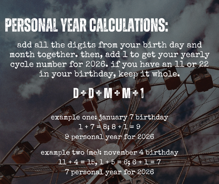 PERSONAL YEAR CALCULATIONS: add all the digits from your birth day and month together. then, add 1 to get your yearly cycle number for 2026. if you have an 11 or 22 in your birthday, keep it whole. example one: january 7 birthday 1 + 7 = 8;8 +1 = 9 9 personal year for 2026 example two (me): november 4 birthday 11 + 4 = 15, 1+5 = 6; 6+1 = 7 personal year for 2026