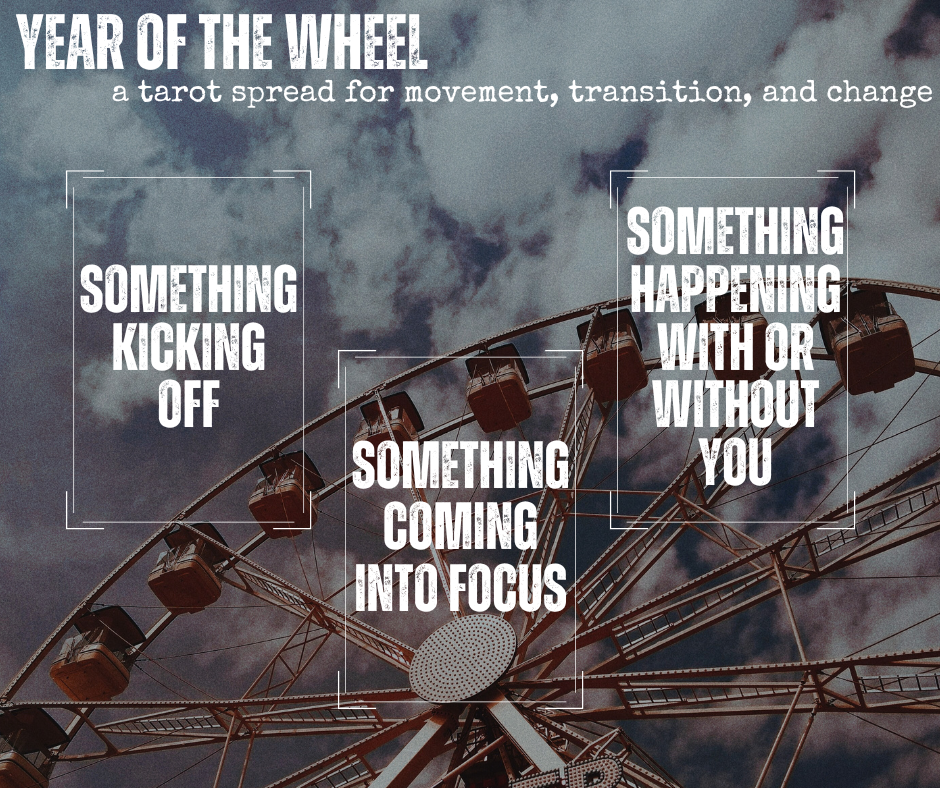 year of the wheel: a tarot spread for movement, transition, and change. something kicking off / something coming into focus / something happening with or without you