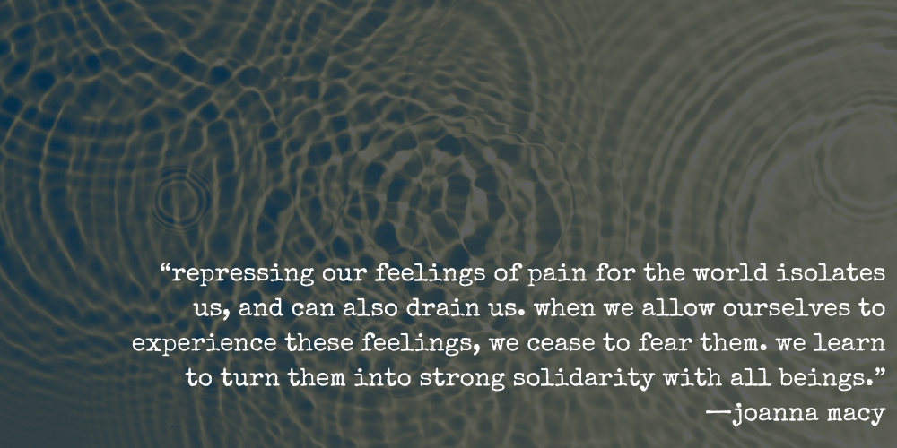 “repressing our feelings of pain for the world isolates us, and can also drain us. when we allow ourselves to experience these feelings, we cease to fear them. we learn to turn them into strong solidarity with all beings.” —joanna macy