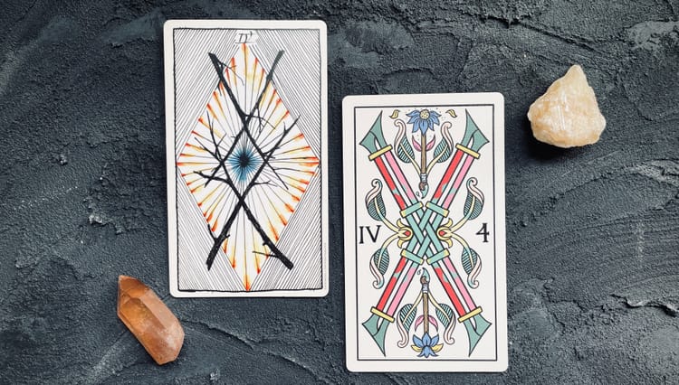 four of wands from the wild unknown tarot (left) and the gay marseilles (right)