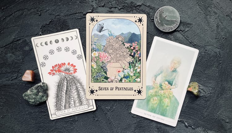 seven of pentacles from the lumina tarot (left), every little thing you do is magic tarot (center), and fountain tarot (right)