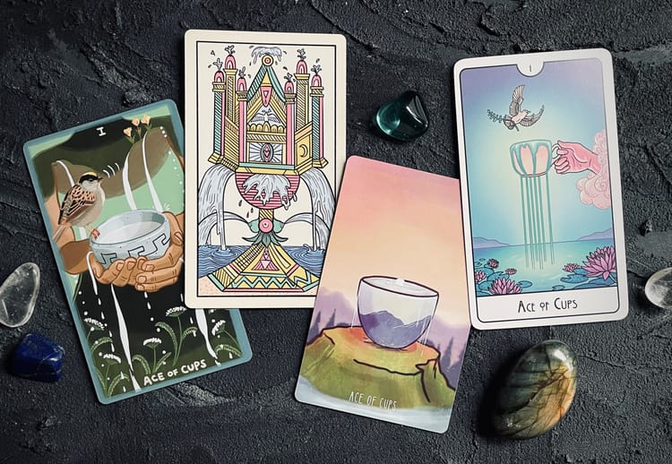 ace of cups, from left to right: gentle tarot, gay marseille, spacious tarot, this might hurt tarot