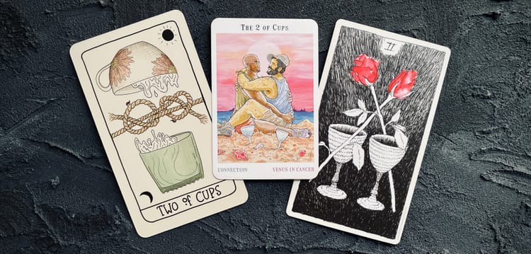 two of cups from the fifth spirit tarot (left), next world tarot (center), and wild unknown tarot (right)