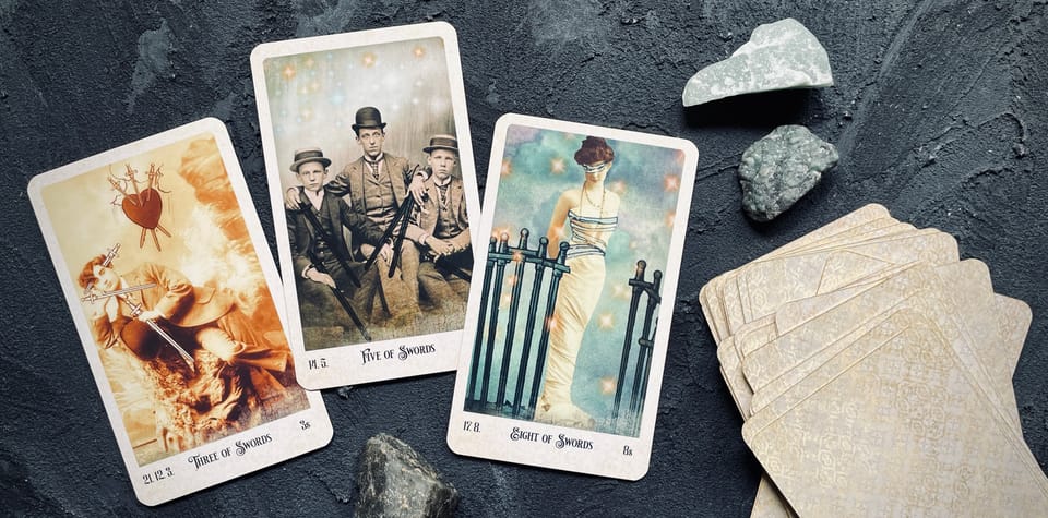 three, five, and eight of swords from the relative tarot